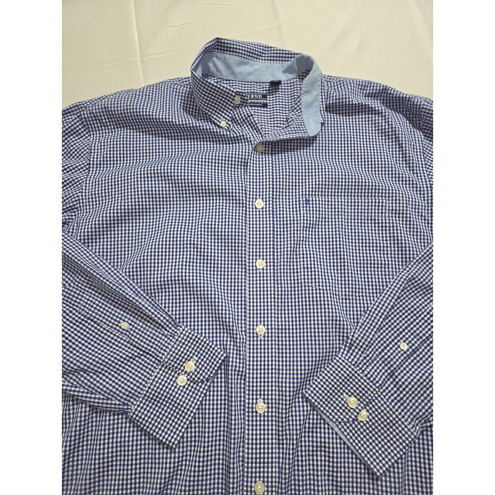 Izod Mens XLT Blue White Gingham Non-Iron Stretch Long Sleeve Button Down Shirt